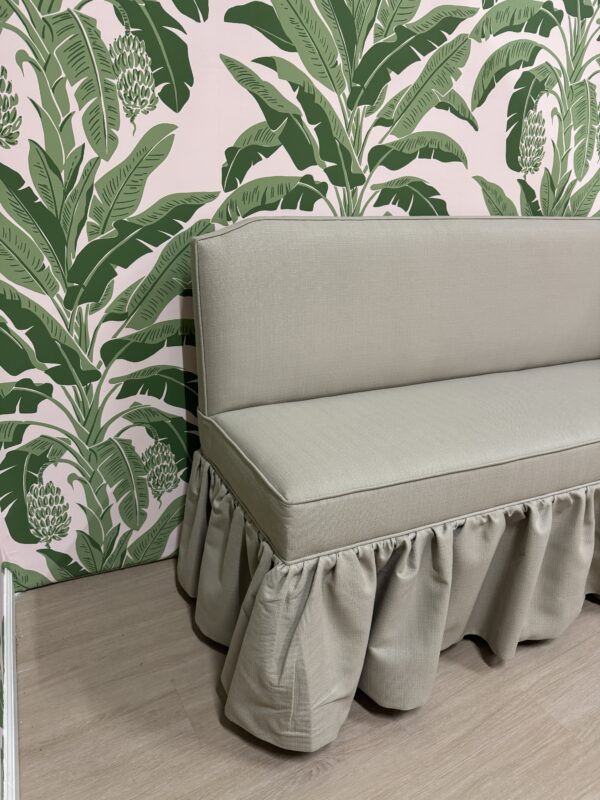 Custom bench seat 
Banquet with ruffles skirt in a green performance fabric - Image 2