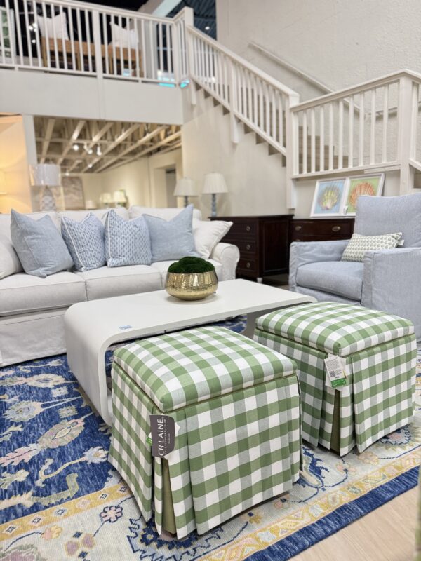 Set of green gingham skirted Ottomans with a green velvet welt - Image 2
