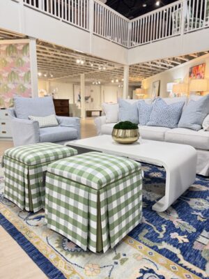Set of green gingham skirted Ottomans with a green velvet welt