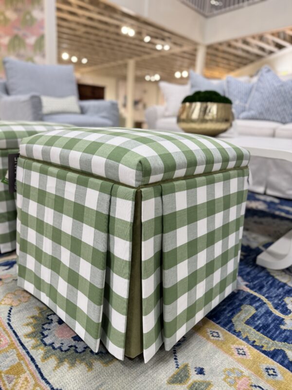 Set of green gingham skirted Ottomans with a green velvet welt - Image 4