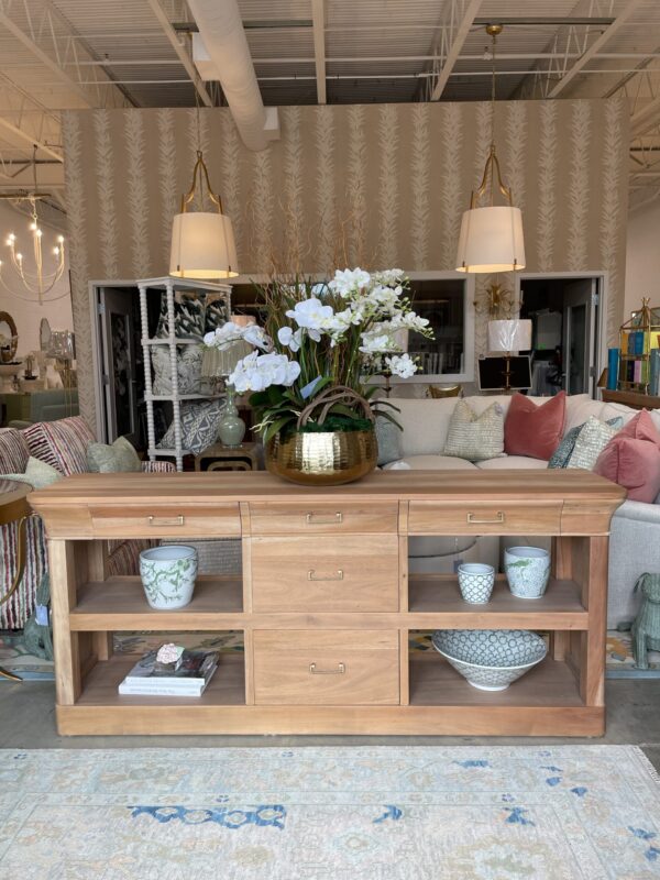 Sandhurst Driftwood sideboard with drawer storage and open shelving and gold hardware - Image 6