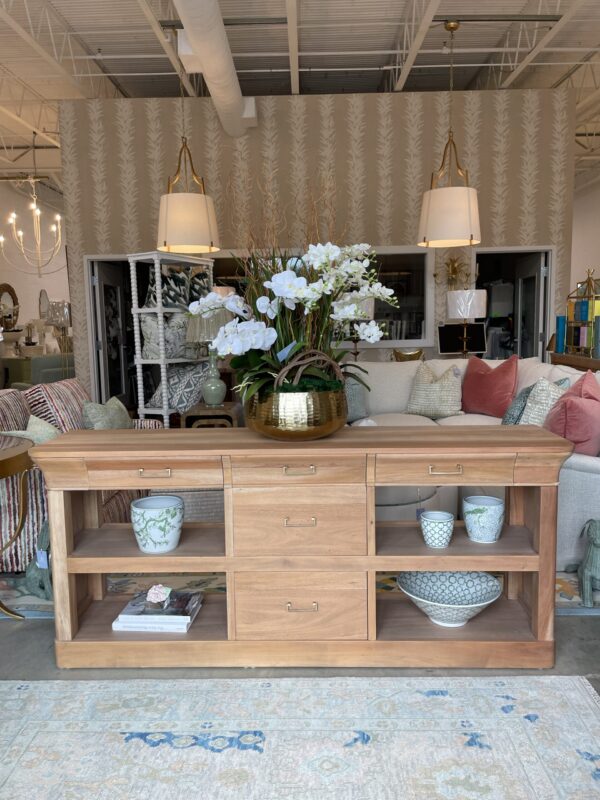 Sandhurst Driftwood sideboard with drawer storage and open shelving and gold hardware - Image 5