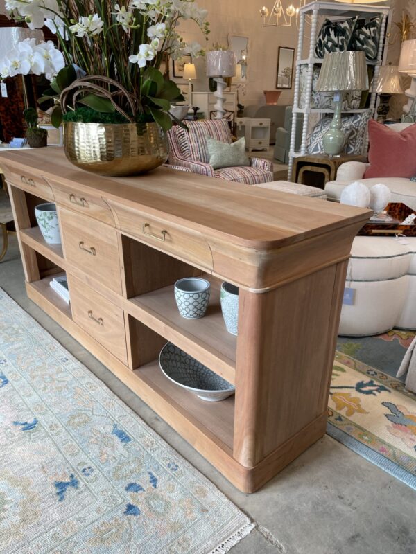 Sandhurst Driftwood sideboard with drawer storage and open shelving and gold hardware - Image 4