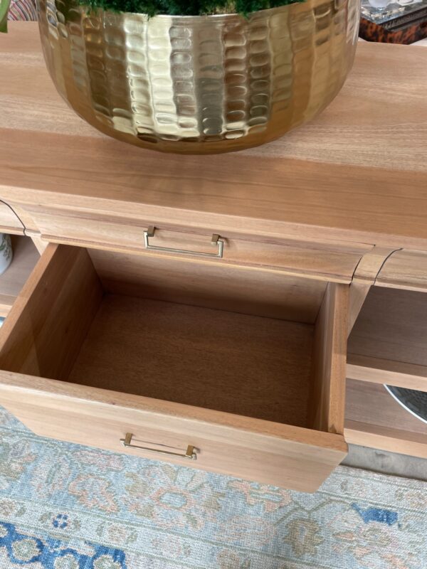 Sandhurst Driftwood sideboard with drawer storage and open shelving and gold hardware - Image 3