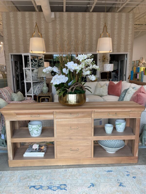 Sandhurst Driftwood sideboard with drawer storage and open shelving and gold hardware