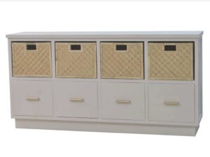White wooden sideboard! With rattan basket storage