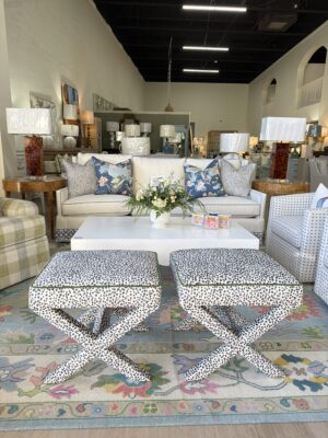 Set of (2) Upholstered X Bench Ottomans | lizzy azul with Banks zuchini welt