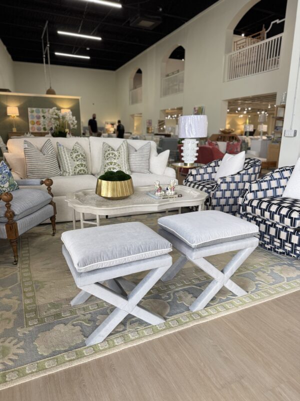 Upholstered x bench ottoman set! $1450 each fabric light blue soco sky with white welt - Image 6