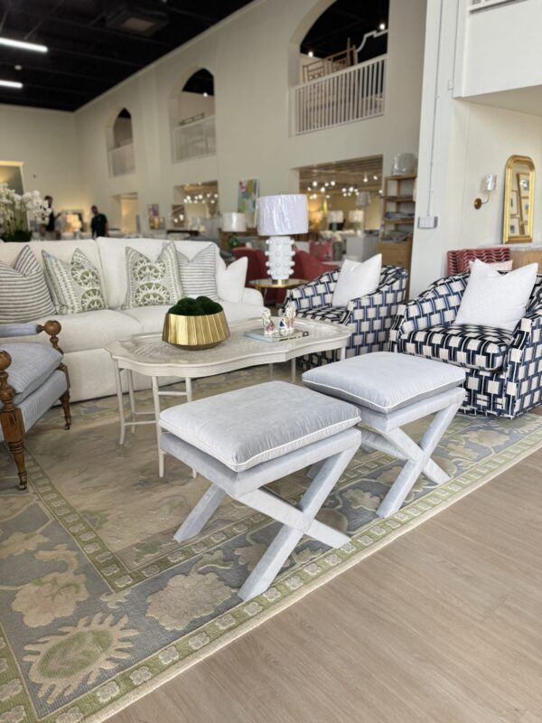 Upholstered x bench ottoman set! $1450 each fabric light blue soco sky with white welt - Image 5