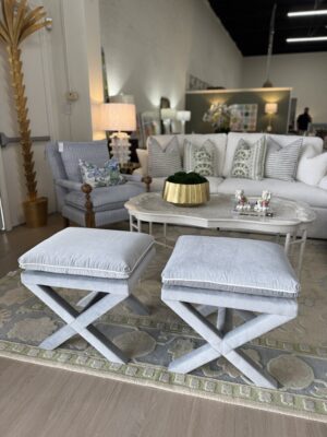 Upholstered x bench ottoman set! $1450 each fabric light blue soco sky with white welt