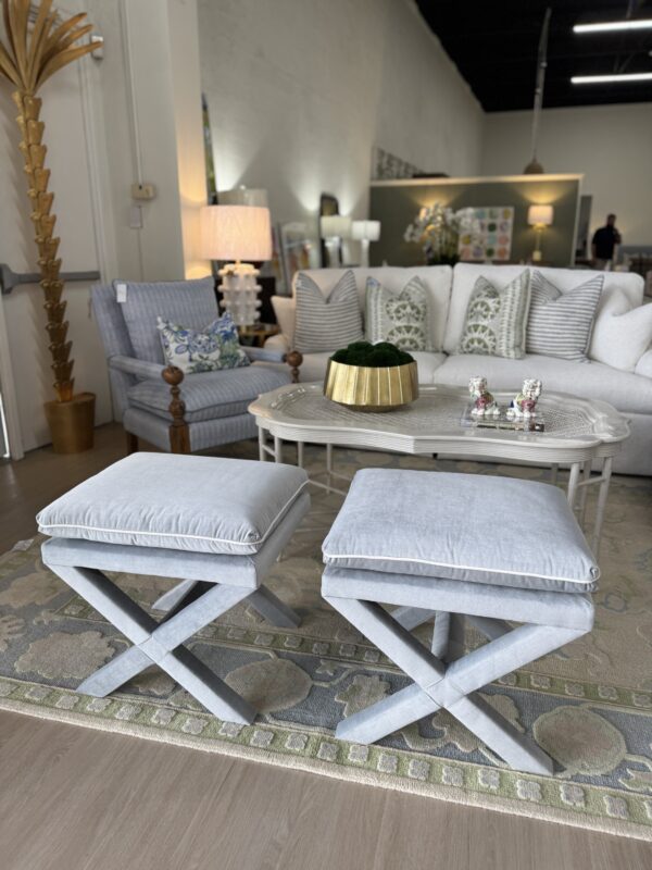 Upholstered x bench ottoman set! $1450 each fabric light blue soco sky with white welt