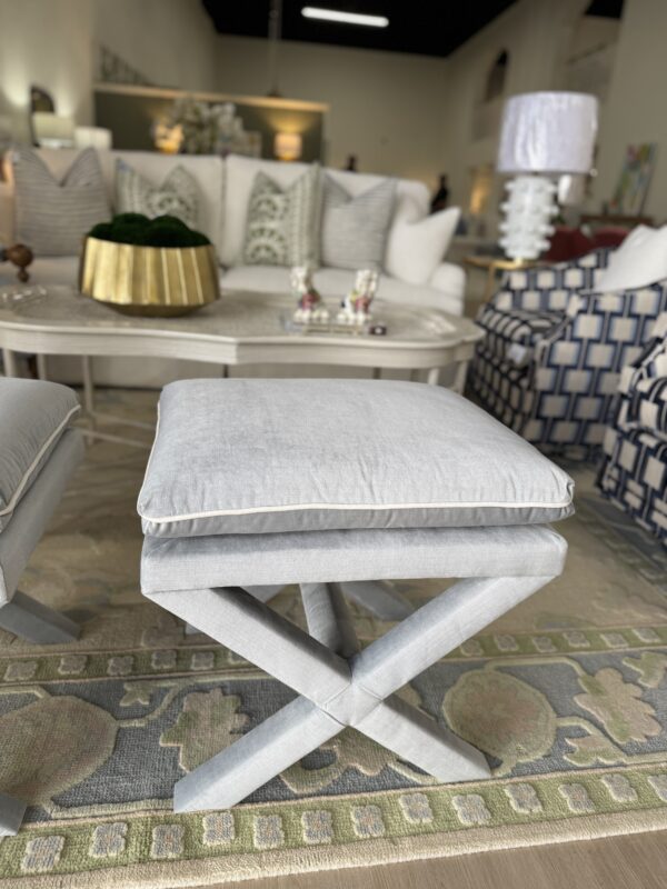 Upholstered x bench ottoman set! $1450 each fabric light blue soco sky with white welt - Image 2