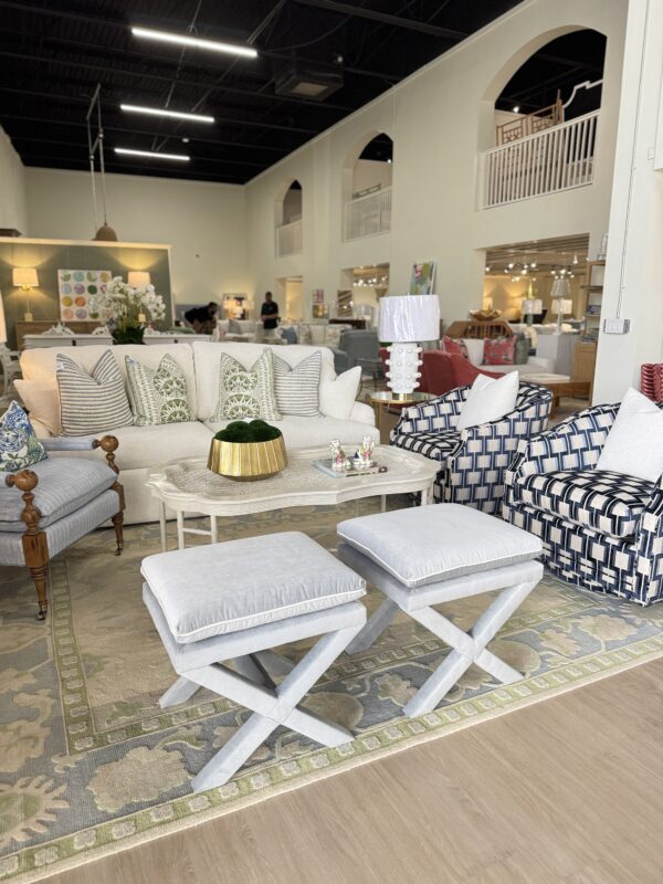 Upholstered x bench ottoman set! $1450 each fabric light blue soco sky with white welt - Image 3