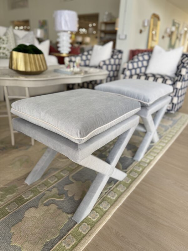 Upholstered x bench ottoman set! $1450 each fabric light blue soco sky with white welt - Image 4