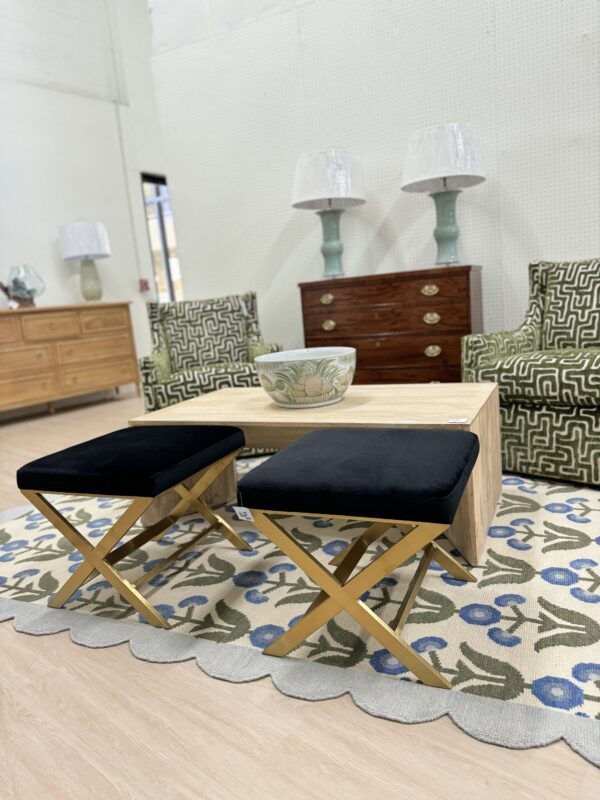 Set of (2) Upholstered X Bench Ottomans | black velvet, and gold hardware legs $600 each - Image 3