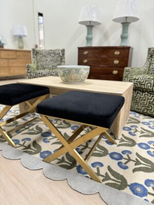 Set of (2) Upholstered X Bench Ottomans | black velvet, and gold hardware legs $600 each