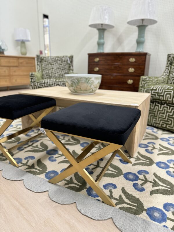 Set of (2) Upholstered X Bench Ottomans | black velvet, and gold hardware legs $600 each