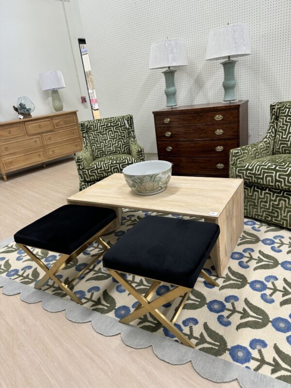 Set of (2) Upholstered X Bench Ottomans | black velvet, and gold hardware legs $600 each - Image 6