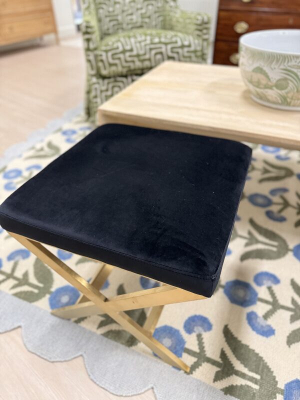 Set of (2) Upholstered X Bench Ottomans | black velvet, and gold hardware legs $600 each - Image 4