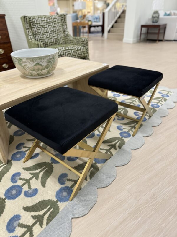 Set of (2) Upholstered X Bench Ottomans | black velvet, and gold hardware legs $600 each - Image 5