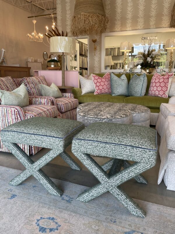 Set of (2) Upholstered X Bench Ottomans | Green Print w/ Blue Velvet Welting
