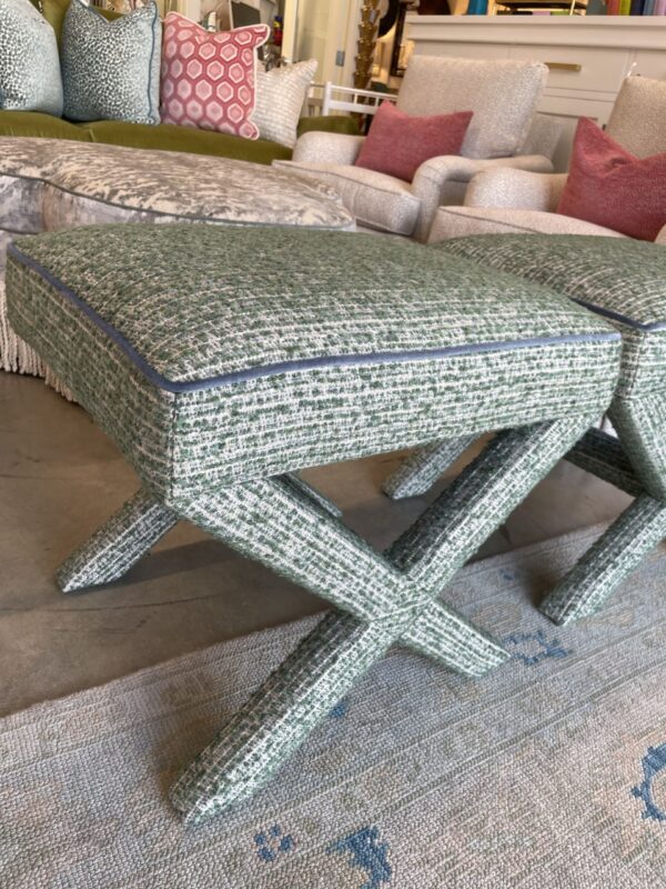 Set of (2) Upholstered X Bench Ottomans | Green Print w/ Blue Velvet Welting - Image 3