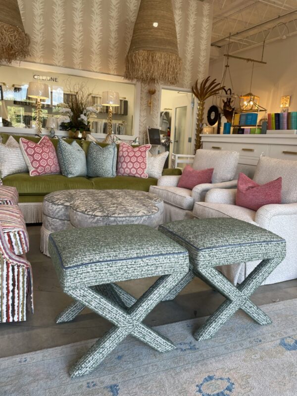 Set of (2) Upholstered X Bench Ottomans | Green Print w/ Blue Velvet Welting - Image 2