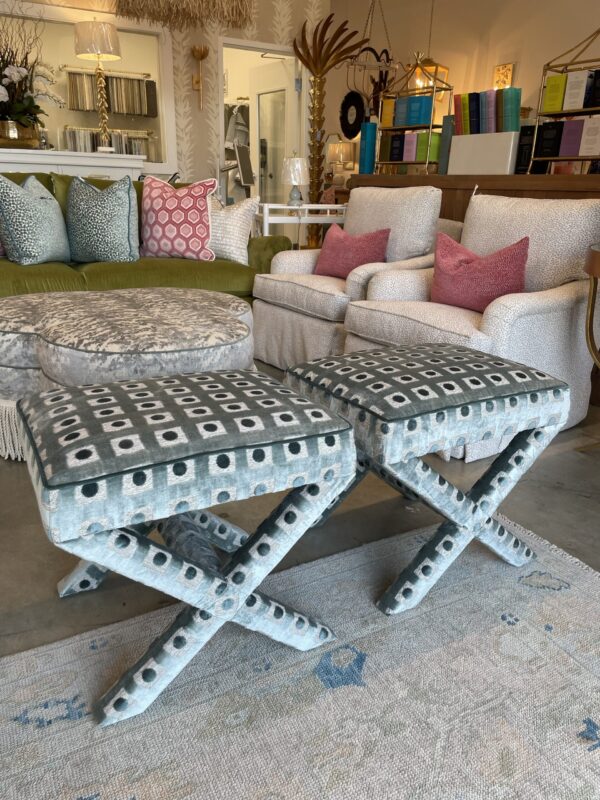 Upholstered x bench ottoman set! $1450 each - Image 4