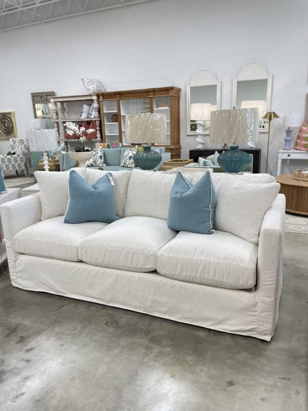 Slip covered 3 over 3 sofa in performance fabric Crypton nomad snow with down blend cushion’s/ two in stock