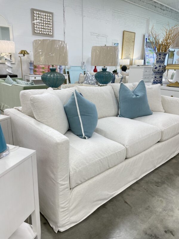Slip covered 3 over 3 sofa in performance fabric Crypton nomad snow with down blend cushion’s/ two in stock - Image 3
