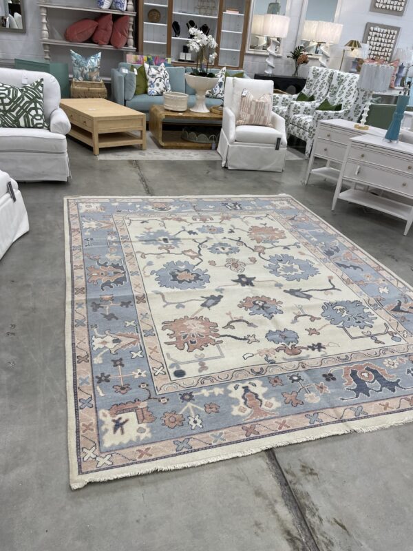 9 x 12 Handmade Turkish Oushak Rug | Cream, Blue, Coral - Image 3