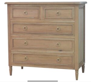 Cholet tall 5 drawer dresser in driftwood finish and gold hardware