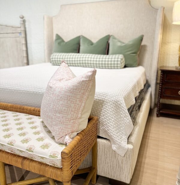 Fully upholstered king Massoud bed! Fabric is furbo bone & welted in dark green - cleaning code S - Image 2