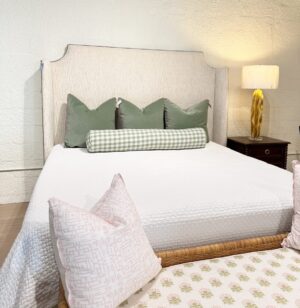 Fully upholstered king Massoud bed! Fabric is furbo bone & welted in dark green - cleaning code S