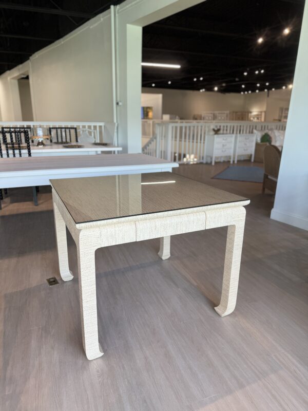 Natural grass cloth mingfoot game table with drawers and glass top - Image 2