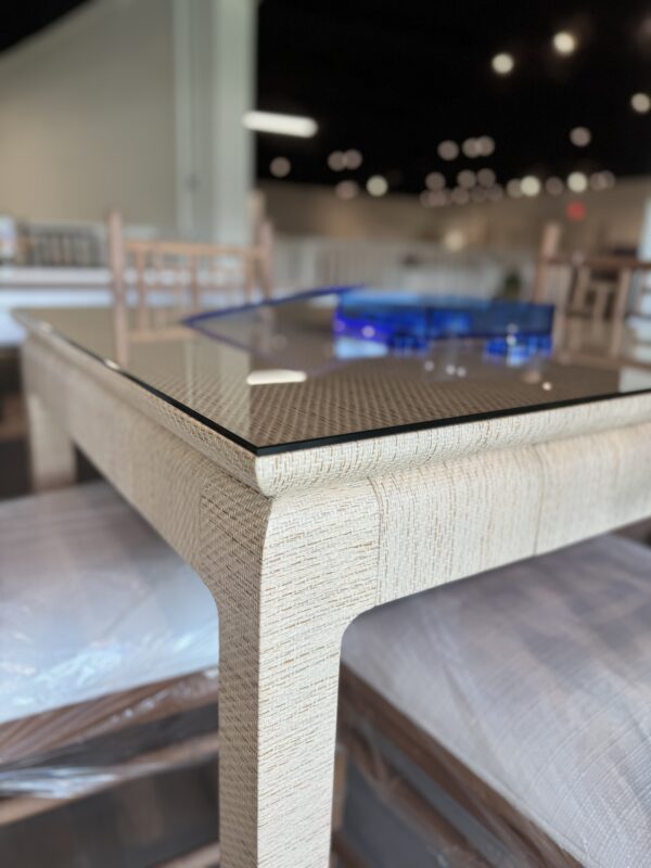 Natural grass cloth mingfoot game table with drawers and glass top - Image 4