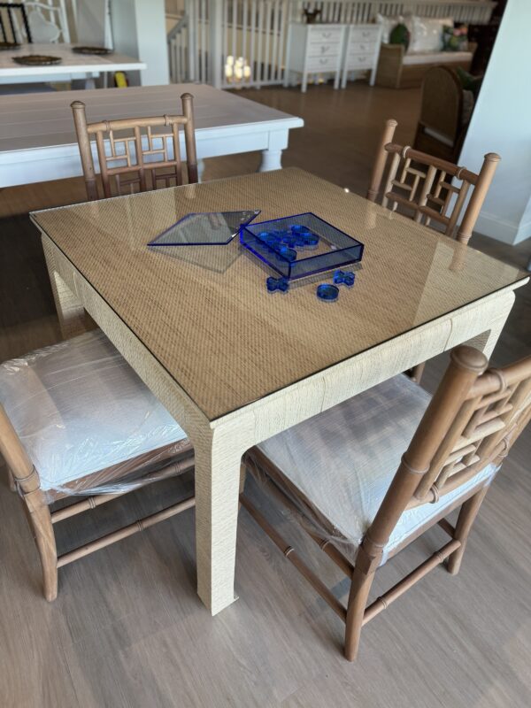 Natural grass cloth mingfoot game table with drawers and glass top - Image 5