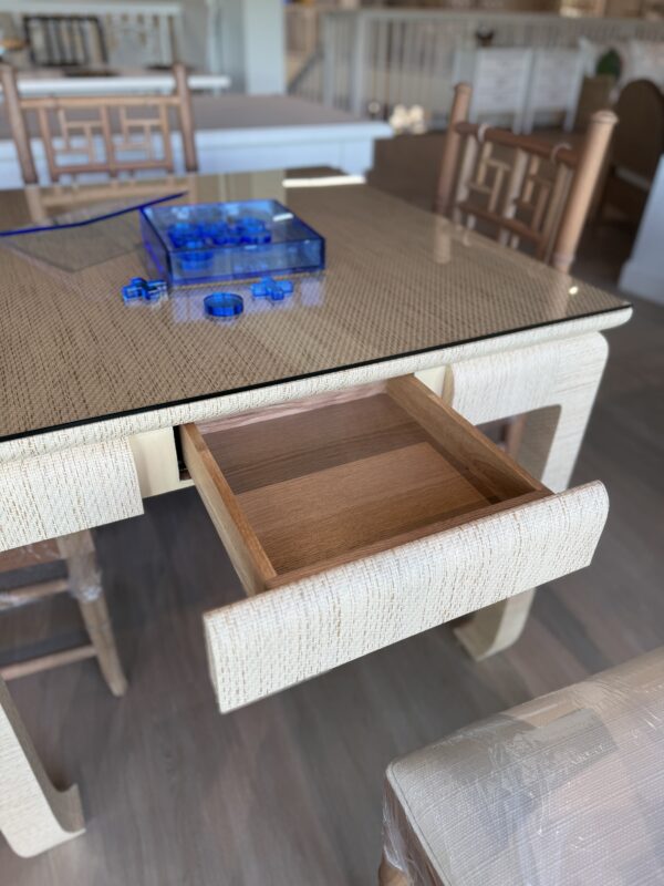 Natural grass cloth mingfoot game table with drawers and glass top - Image 7