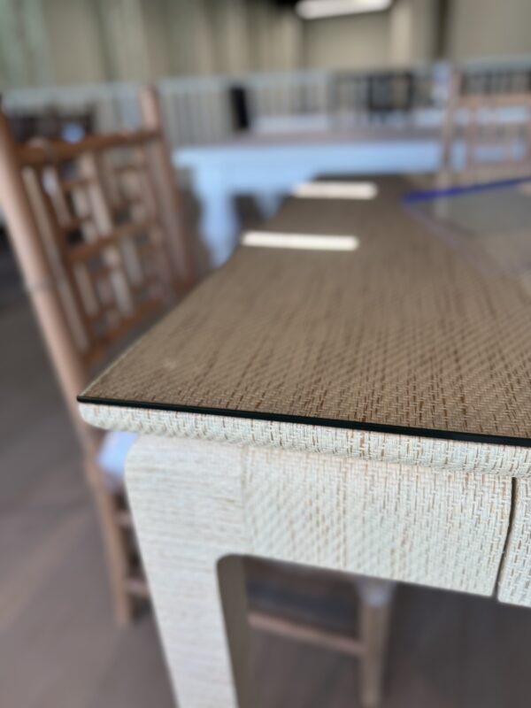 Natural grass cloth mingfoot game table with drawers and glass top - Image 6