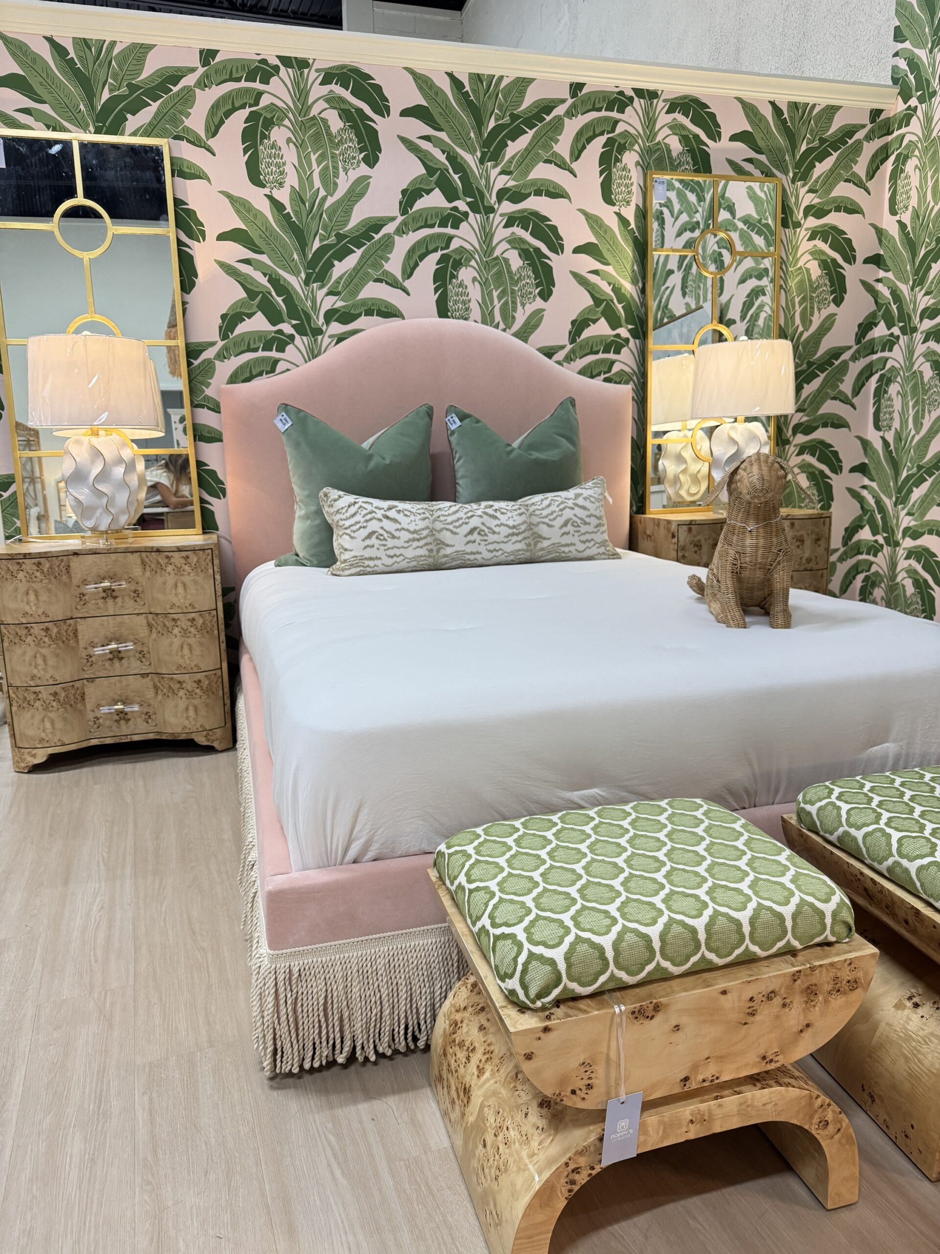 Queen performance blush, pink velvet bed with fringe skirt