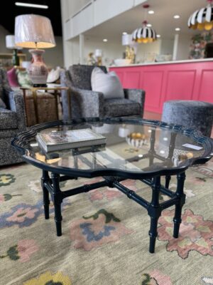 Vintage glass top, Coffee Table lacquered in navy