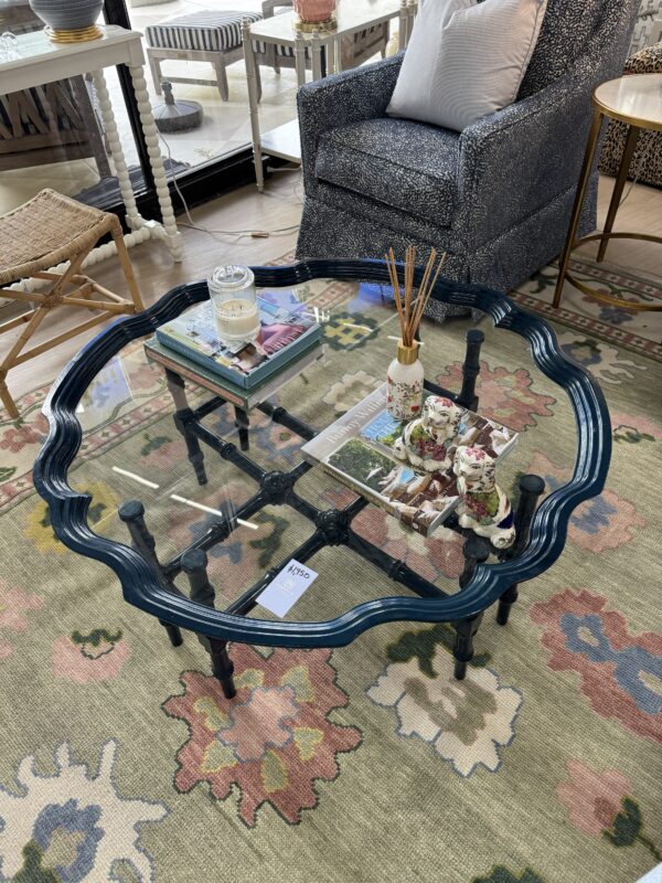 Vintage glass top, Coffee Table lacquered in navy - Image 5