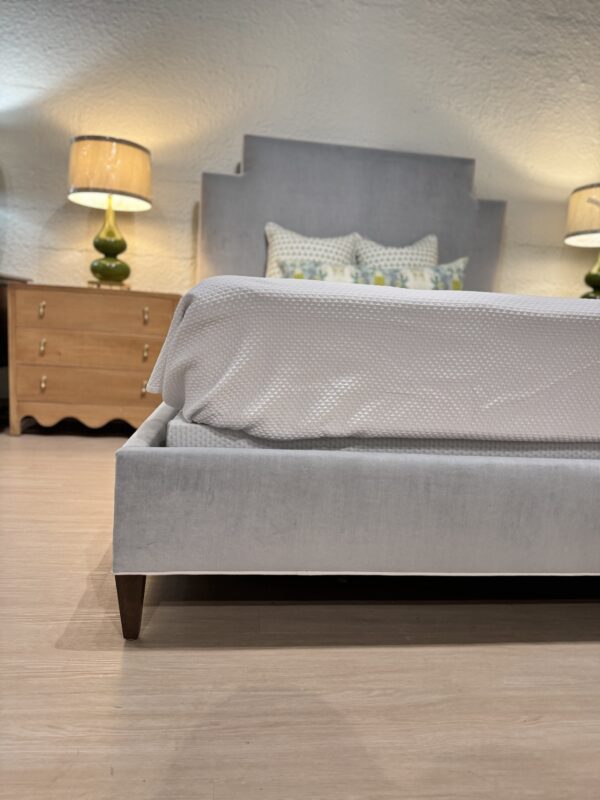 Fully upholstered queen Massoud bed! Fabric is soco sky blue & welted in white- cleaning code S - Image 2