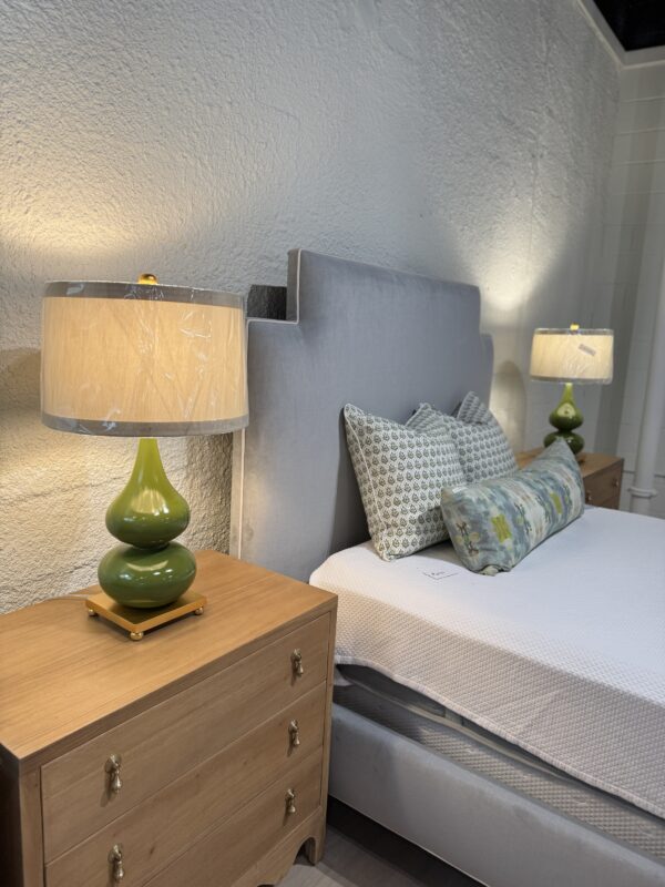Fully upholstered queen Massoud bed! Fabric is soco sky blue & welted in white- cleaning code S - Image 5