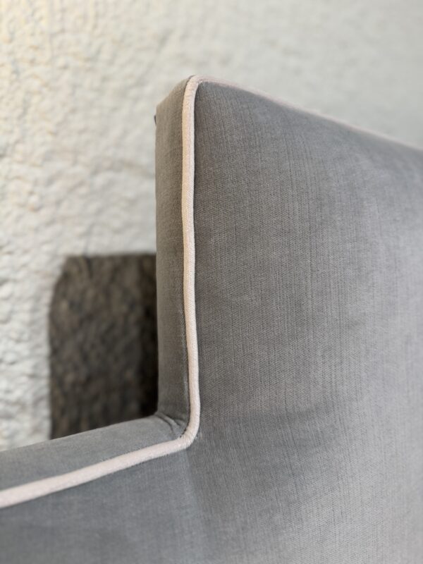 Fully upholstered queen Massoud bed! Fabric is soco sky blue & welted in white- cleaning code S - Image 3