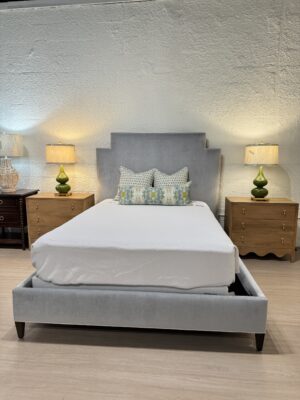 Fully upholstered queen Massoud bed! Fabric is soco sky blue & welted in white- cleaning code S