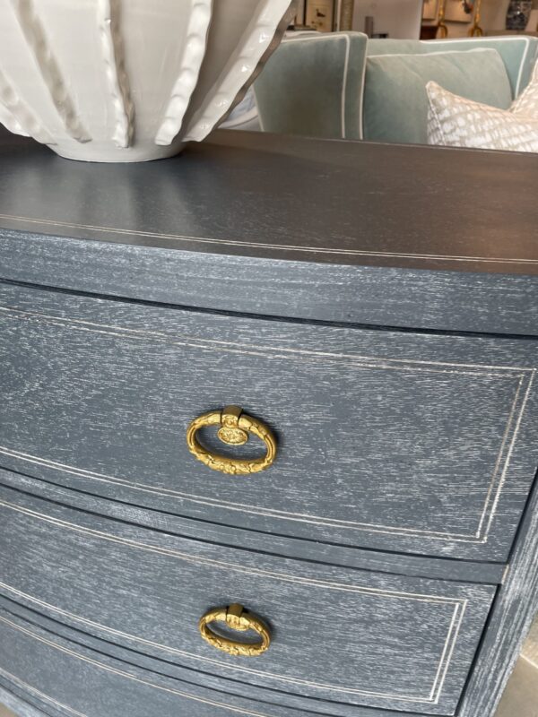 Dark blue modern history bow front chest and gold hardware! One available - Image 5