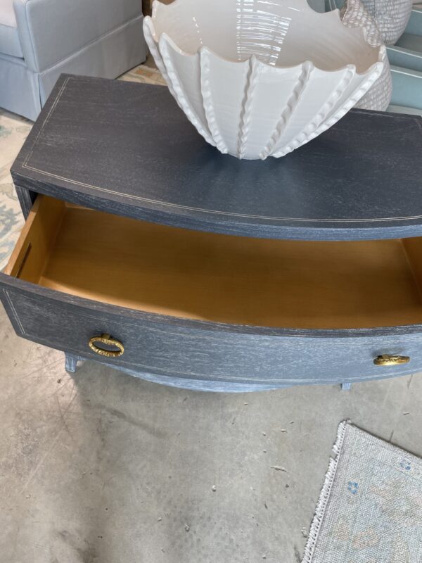 Dark blue modern history bow front chest and gold hardware! One available - Image 3