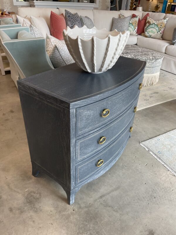 Dark blue modern history bow front chest and gold hardware! One available - Image 2