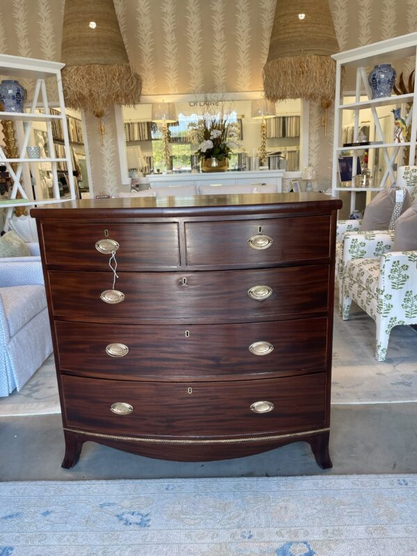 English Bow Front Chest in Mahogany with inlay banding/ Original Hardware